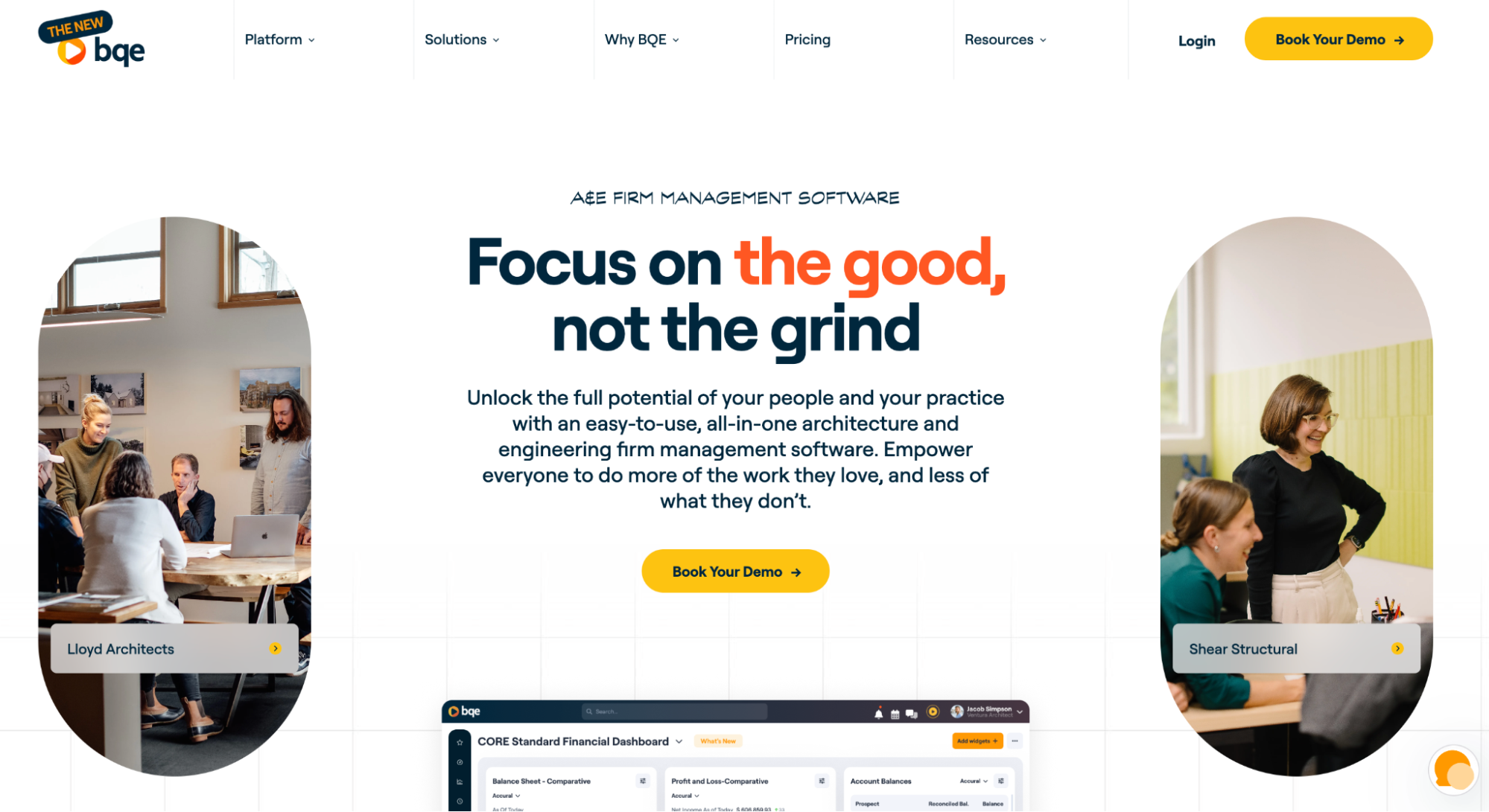 BQE firm management software website with the headline "Focus on the good, not the grind," showing images of teams from Lloyd Architects and Shear Structural, and a software dashboard.