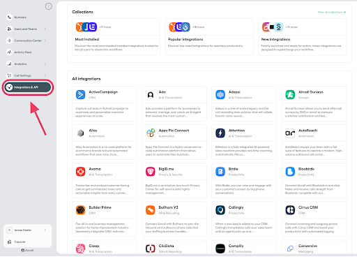 integrations and api setting in aircall.io