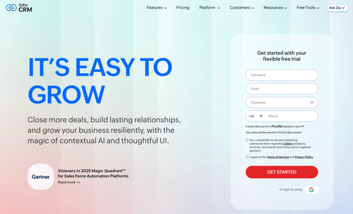 Zoho CRM landing page featuring "IT'S EASY TO GROW" with AI, Gartner recognition, and a free trial sign-up form.
