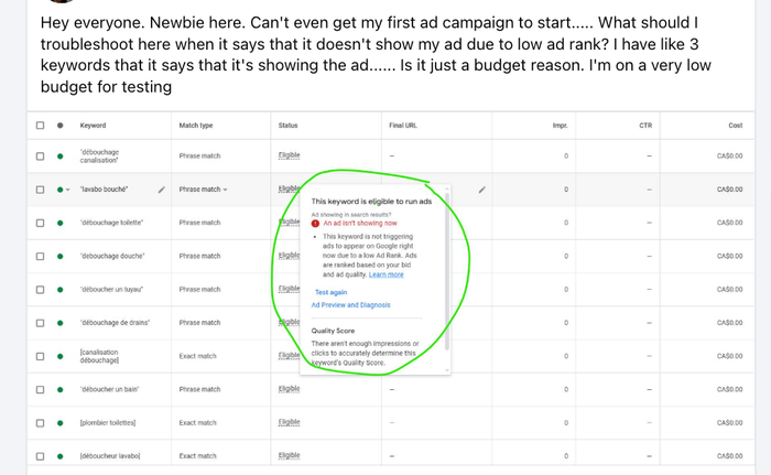 A Google Ads dashboard screenshot shared in a forum with keywords in French, a warning about low ad rank, and a user asking for help with budget-based ad visibility issues.