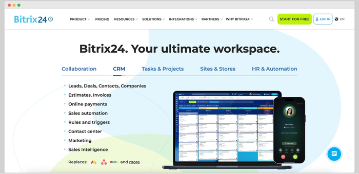 Bitrix24 marketing page showing CRM and project management features next to a laptop and phone with the software interface displayed.