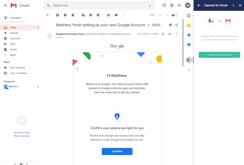 Module complémentaire Gmail vous demandant de connecter votre compte Google à Capsule