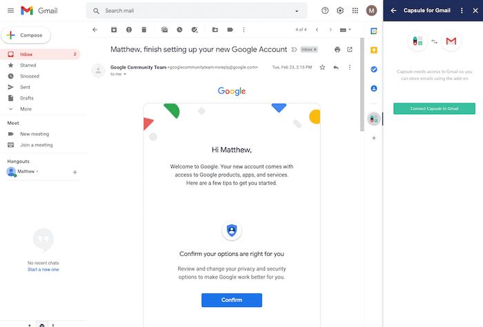Module complémentaire Gmail vous demandant de connecter votre compte Google à Capsule