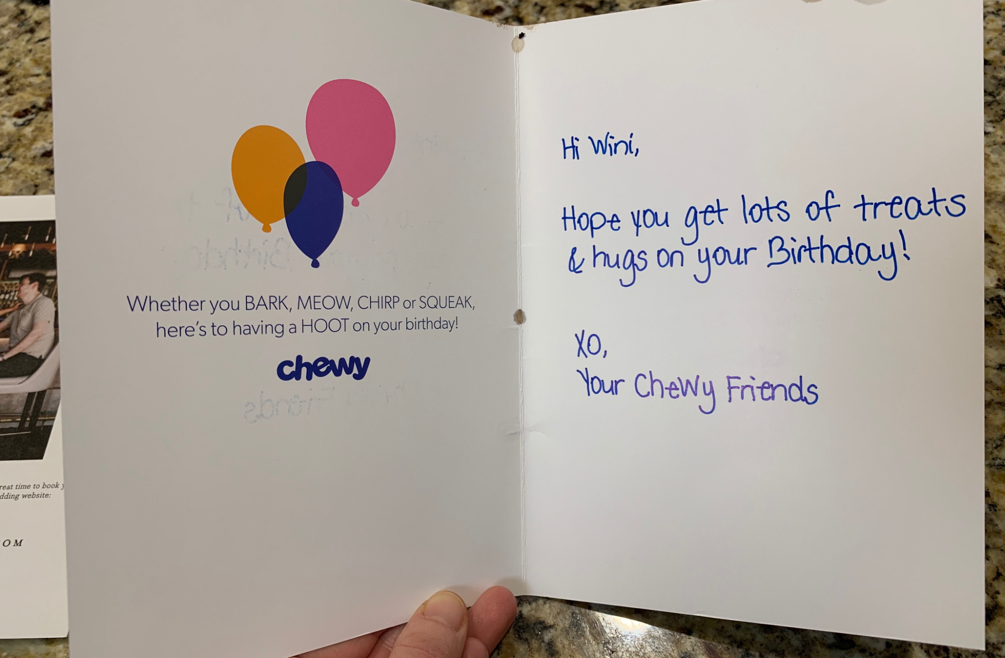 Open birthday card from Chewy featuring colorful balloons and a handwritten message wishing Wini a happy birthday with treats and hugs.