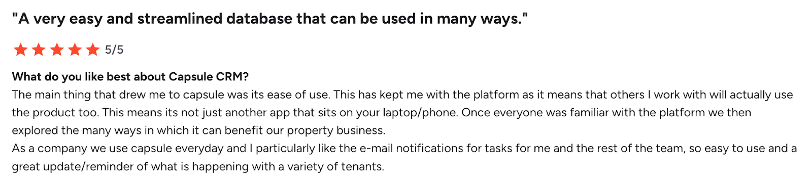 5-star customer review for Capsule CRM, describing it as an easy, streamlined database with useful email notifications.