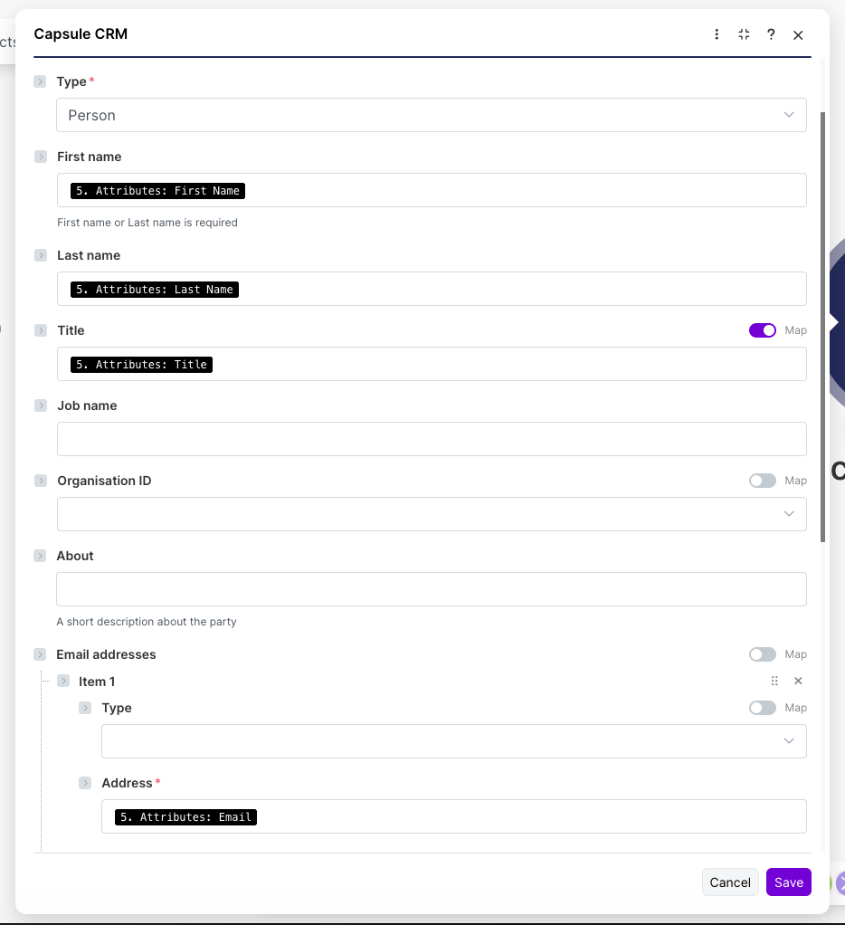 klaviyo mapped fields for capsule create contact step in make