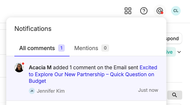 A notification for an @-mention comment showing in the notification tray.