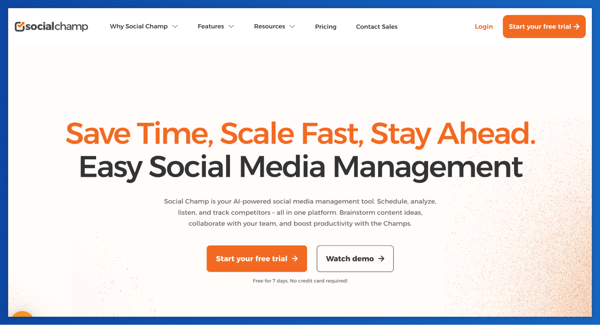 Social Champ website homepage featuring the headline "Easy Social Media Management" and a "Start your free trial" button.