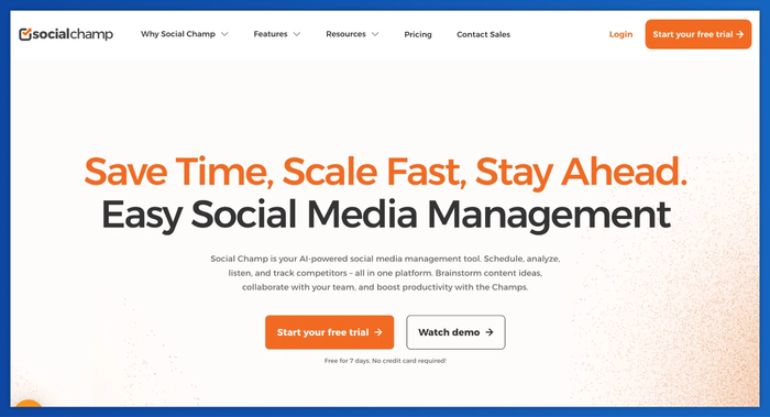 Social Champ website homepage featuring the headline "Easy Social Media Management" and a "Start your free trial" button.