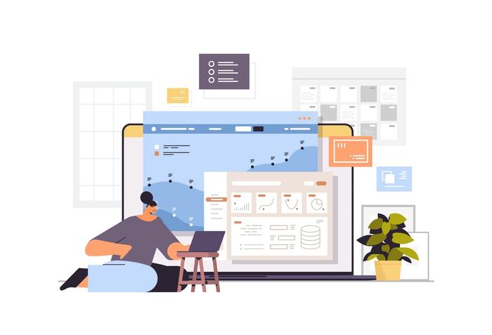 An illustration depicts a woman at a laptop while various graphs appear behind her