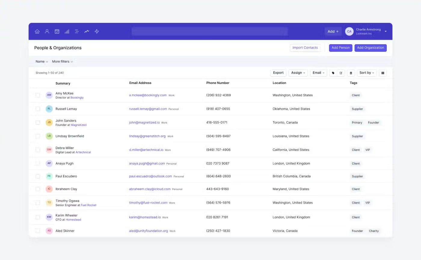 CRM dashboard showing a sortable contact list with names, email addresses, phone numbers, locations, and custom tags for 240 entries.