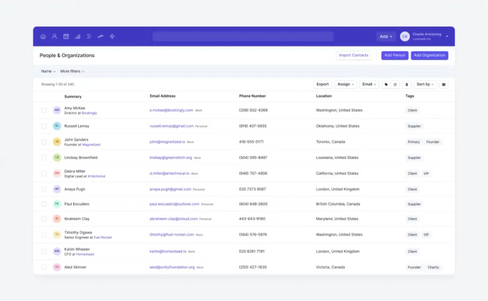 CRM dashboard showing a sortable contact list with names, email addresses, phone numbers, locations, and custom tags for 240 entries.