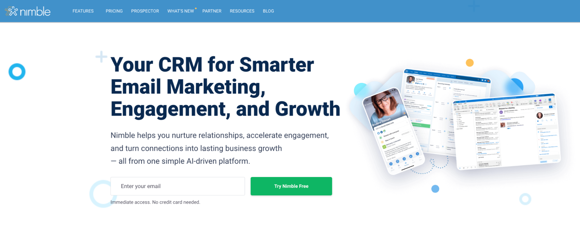 Nimble CRM landing page promoting email marketing and engagement, showing desktop and mobile app interfaces.