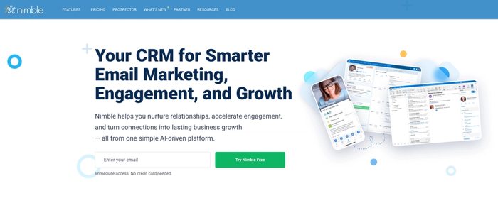 Nimble CRM landing page promoting email marketing and engagement, showing desktop and mobile app interfaces.