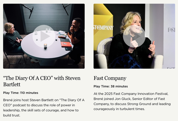 Two video thumbnails: a podcast interview with two people at a table, and a woman speaking at a Fast Company event.
