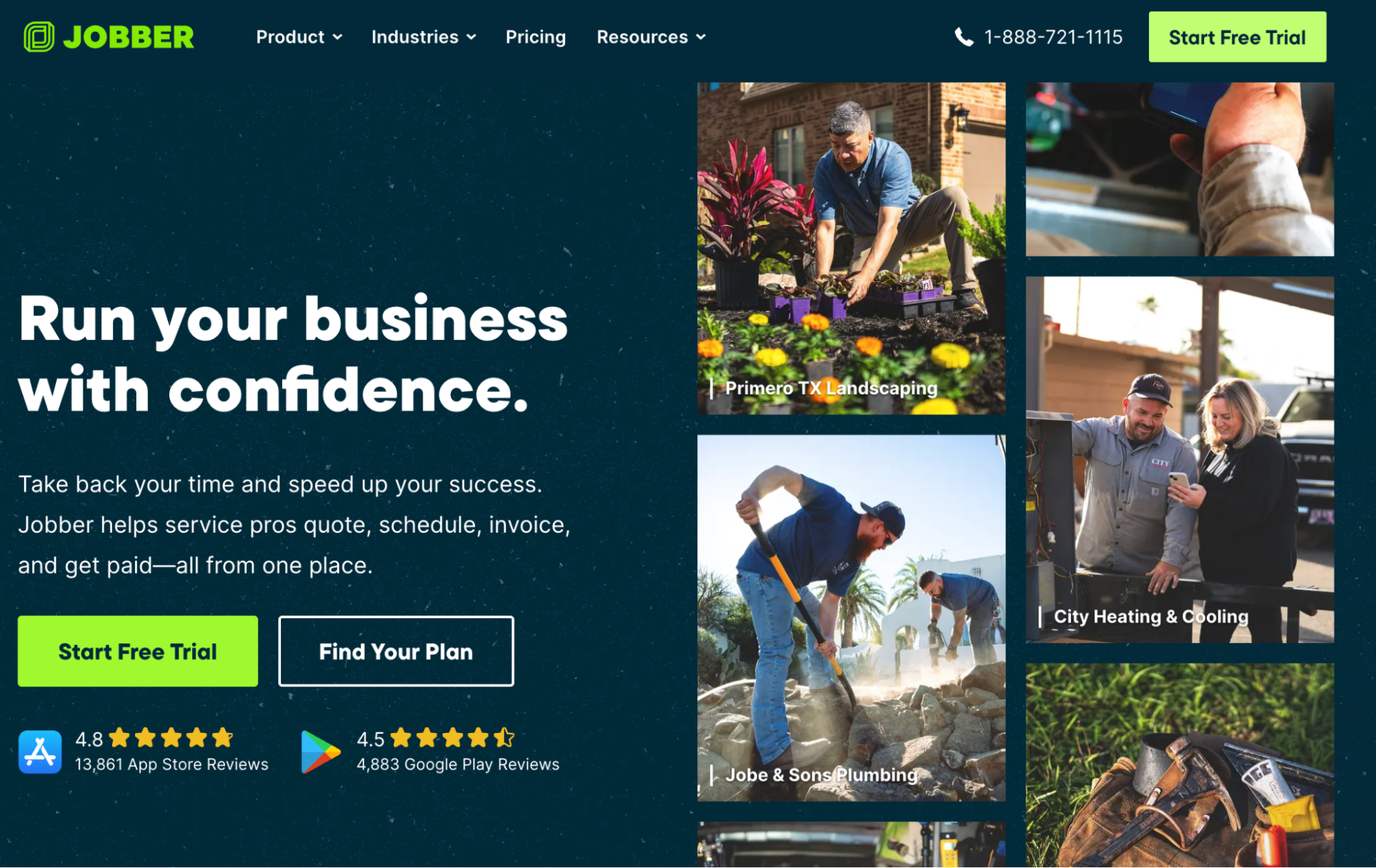 Jobber website homepage with headline "Run your business with confidence," describing business management software for service professionals, and a grid of images showing landscapers, plumbers, and HVAC technicians working.