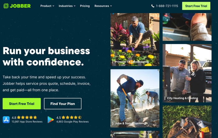 Jobber website homepage with headline "Run your business with confidence," describing business management software for service professionals, and a grid of images showing landscapers, plumbers, and HVAC technicians working.