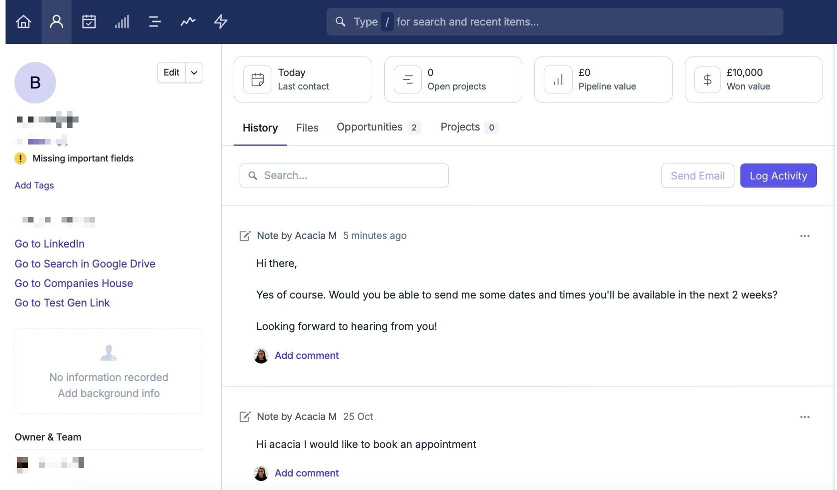 showing sent message via timelines added as a note to the contact in capsule