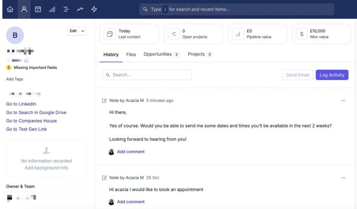 showing sent message via timelines added as a note to the contact in capsule