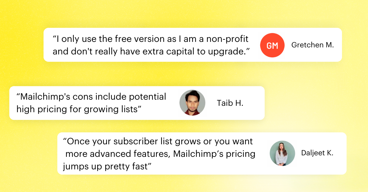 G2 reviews for Mailchimp show user thoughts towards Mailchimp's pricing