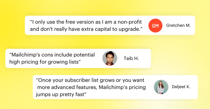 G2 reviews for Mailchimp show user thoughts towards Mailchimp's pricing