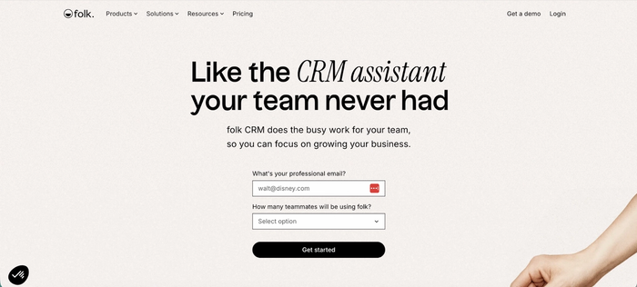 folk CRM landing page with the headline "Like the CRM assistant your team never had" and a sign-up form.