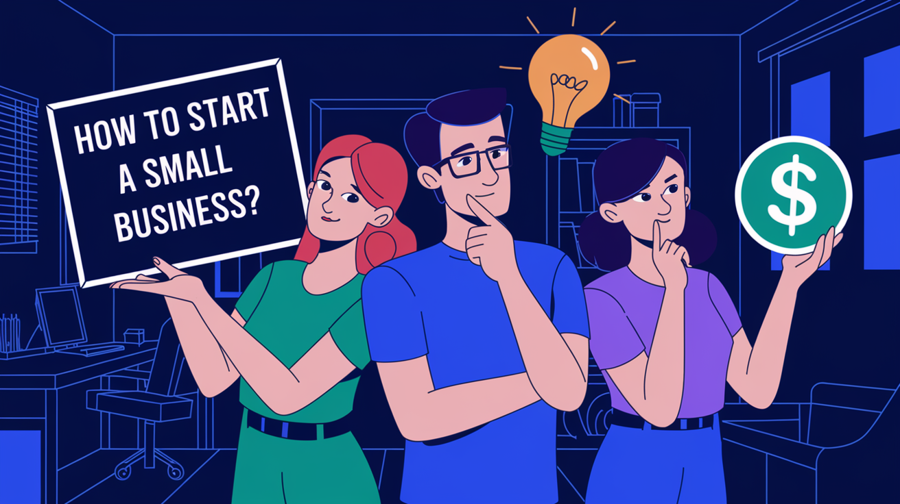 A group of people holding a sign that says how to start a small business.