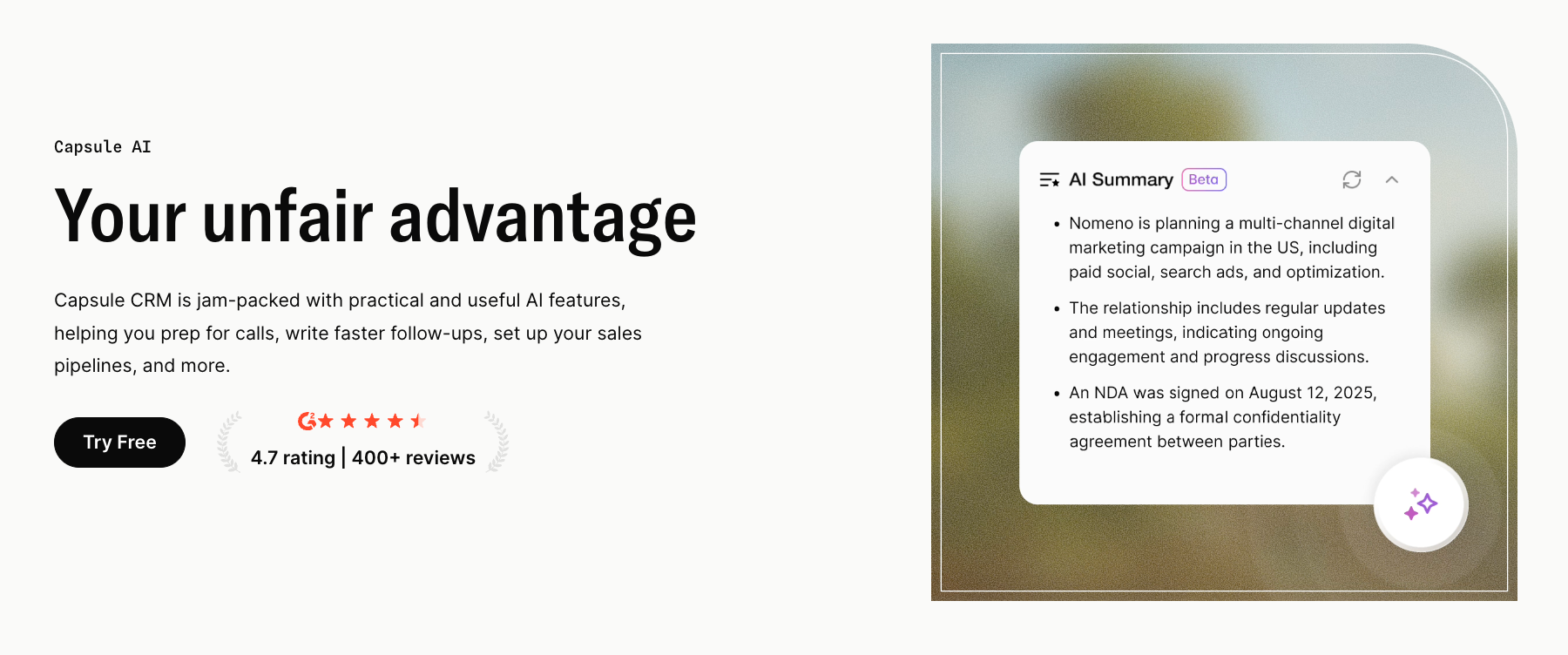 Capsule AI CRM ad with 'Your unfair advantage' headline, 4.7-star rating, and a screenshot of its AI Summary feature.