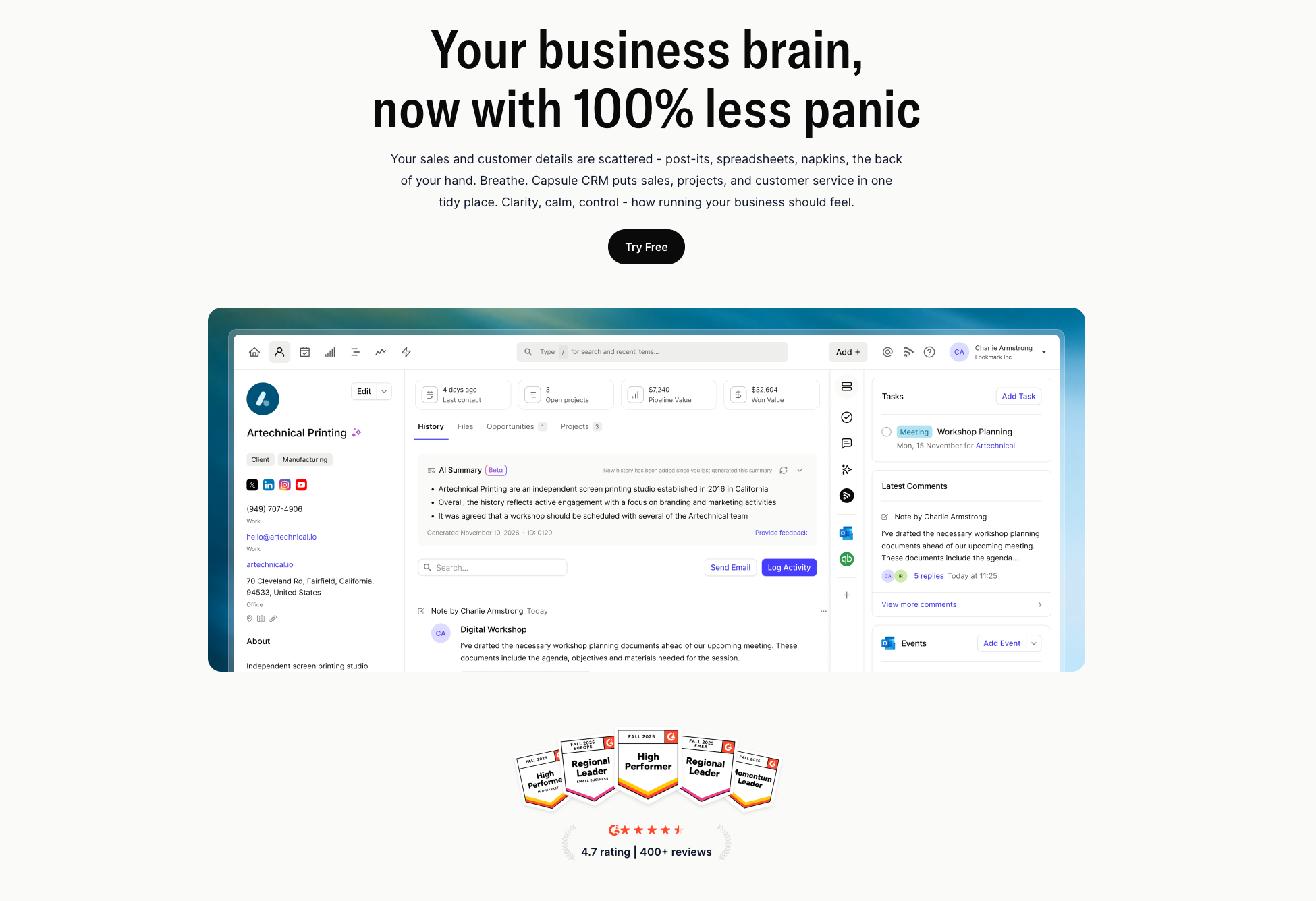 A Capsule CRM marketing page with the headline "Your business brain, now with 100% less panic," displaying a software screenshot showing a company's profile, tasks, and history, along with G2 awards and a 4.7-star rating.