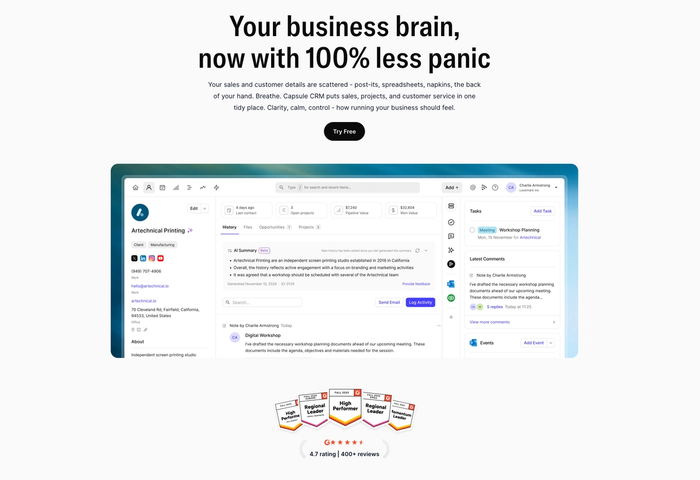 A Capsule CRM marketing page with the headline "Your business brain, now with 100% less panic," displaying a software screenshot showing a company's profile, tasks, and history, along with G2 awards and a 4.7-star rating.