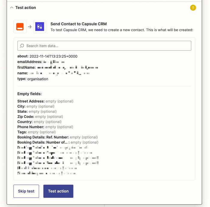 Testing action by adding create a new contact in Capsule CRM.