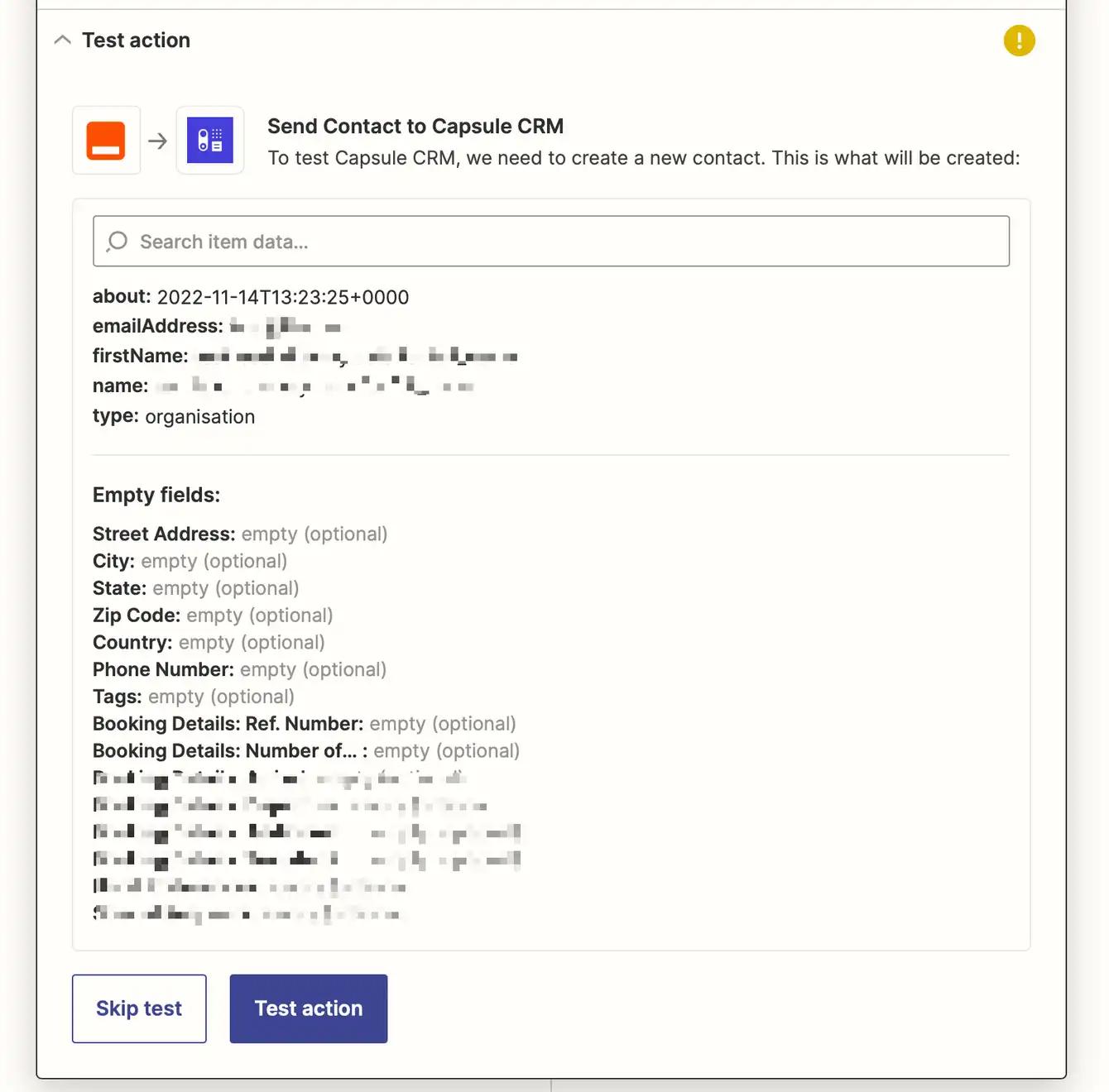 Testing action by adding create a new contact in Capsule CRM.