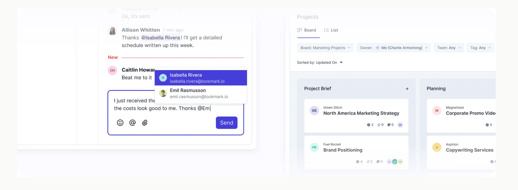 Software interface showing a messaging window with user mentions and a project management dashboard with project cards.
