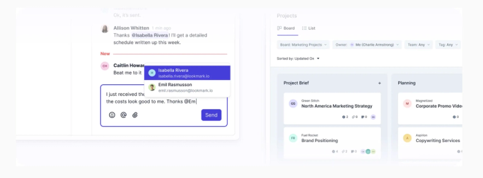 Software interface showing a messaging window with user mentions and a project management dashboard with project cards.