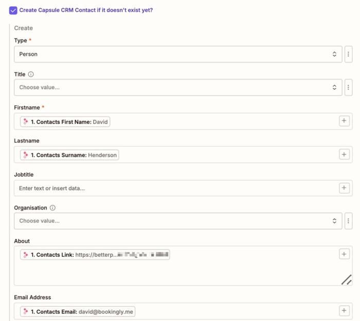 mappé plus précisément les champs de propositions aux champs Capsule pour l’option de création de contact dans l’étape de recherche Zapier