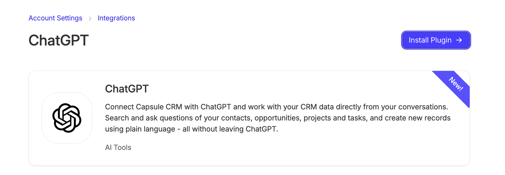 install plugin button when clicked into chatgpt tile in capsule account settings