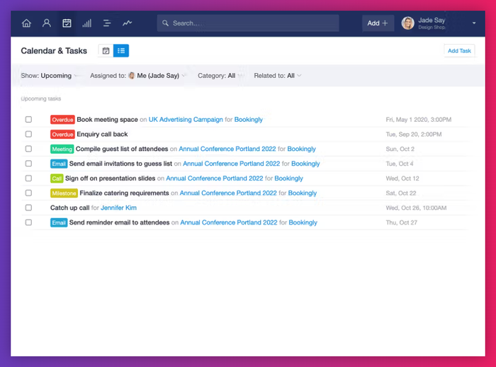 Task list in Capsule CRM with color-coded tags like Overdue, Meeting, Email, and Milestone, each linked to events for an upcoming annual conference.