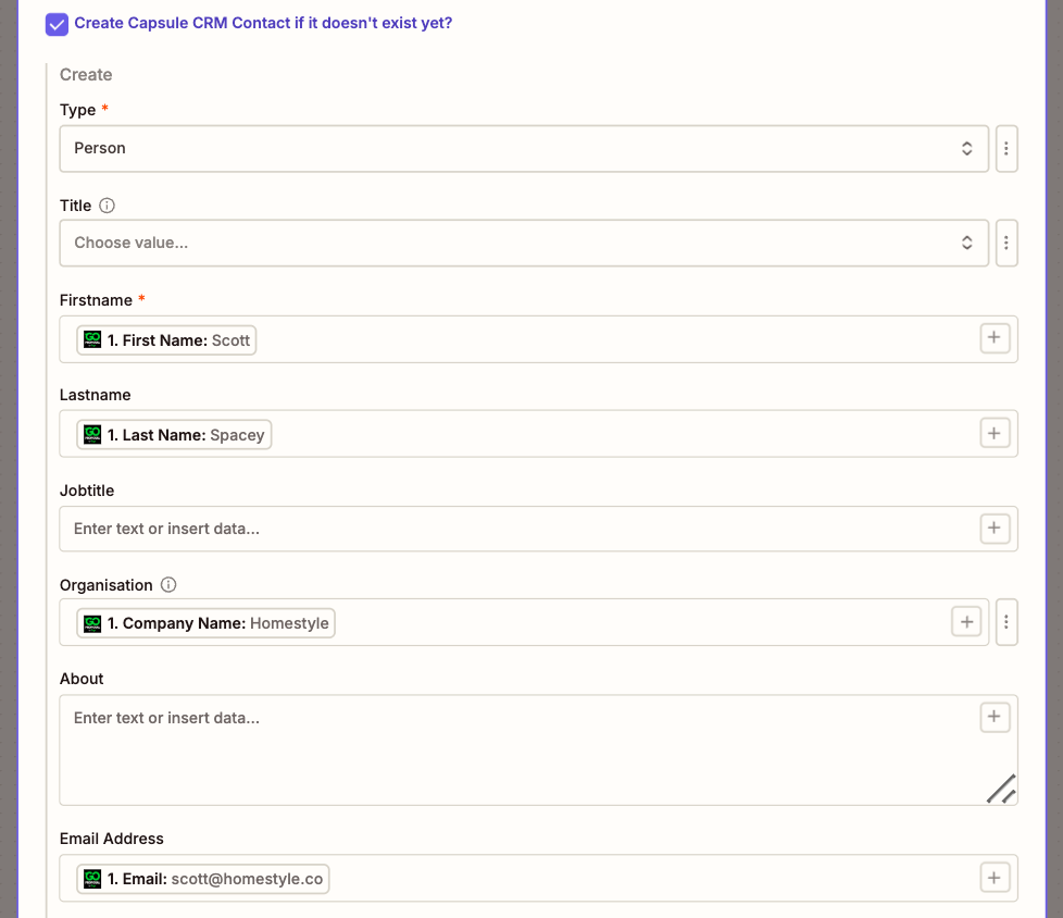 champs GoProposal associés aux champs Capsule pour l’option de création de contact dans l’étape de recherche Zapier