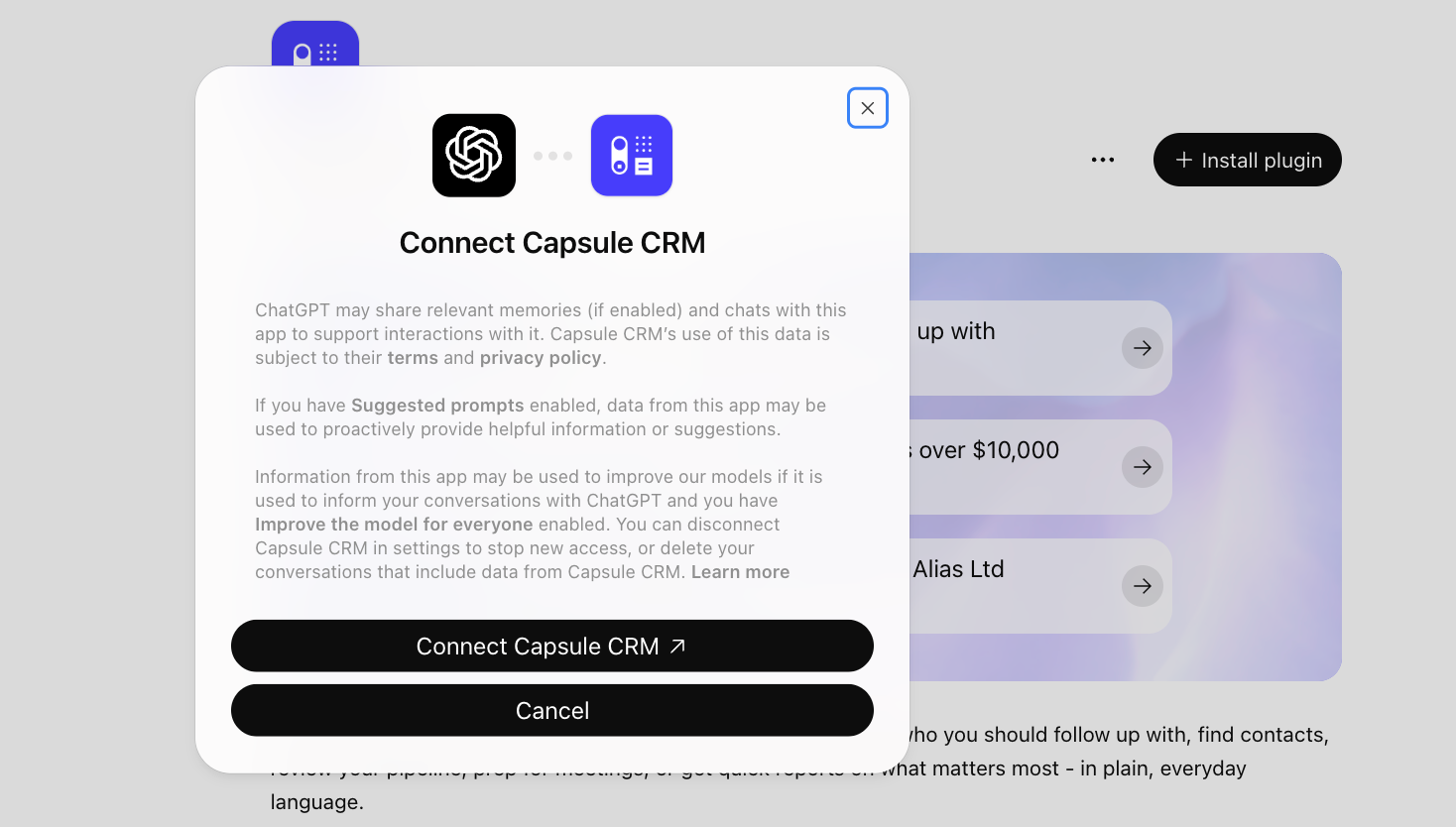 botão para conectar o Capsule CRM ao plugin do ChatGPT