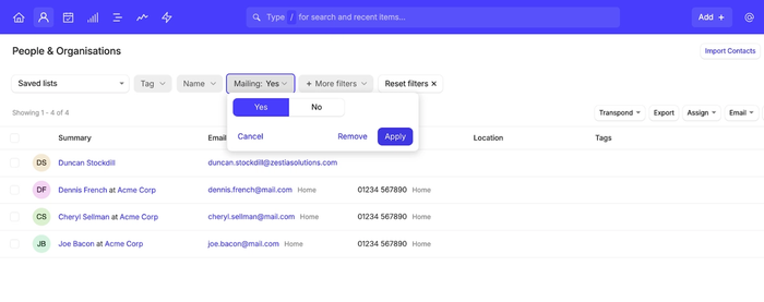 a screenshot shows filtering your contacts by a custom field like newsletter opt in