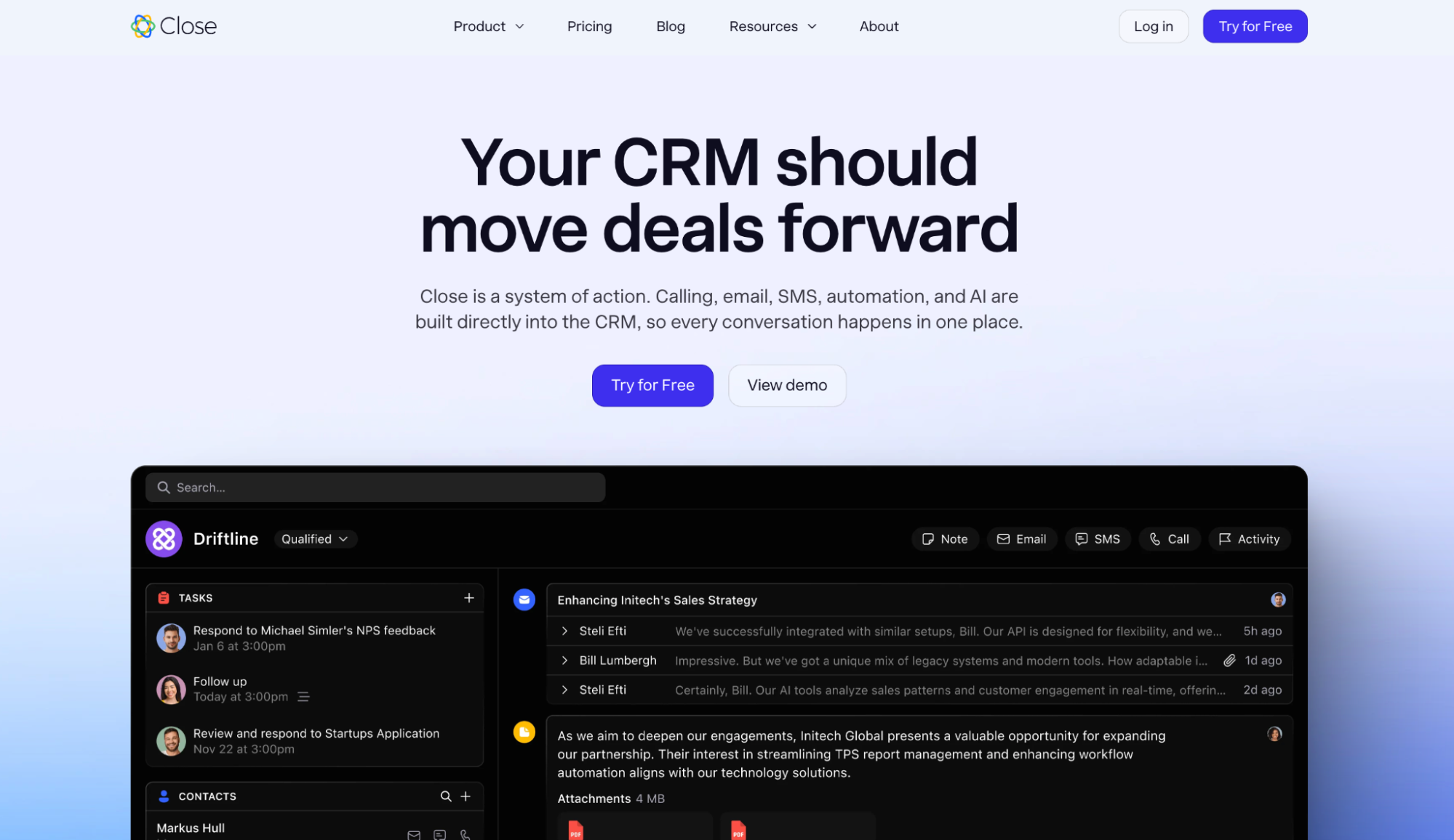 Screenshot of the Close CRM website with the headline "Your CRM should move deals forward" and a dark-themed CRM dashboard showing tasks and activities.