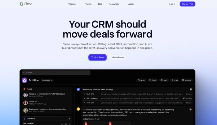 Screenshot of the Close CRM website with the headline "Your CRM should move deals forward" and a dark-themed CRM dashboard showing tasks and activities.