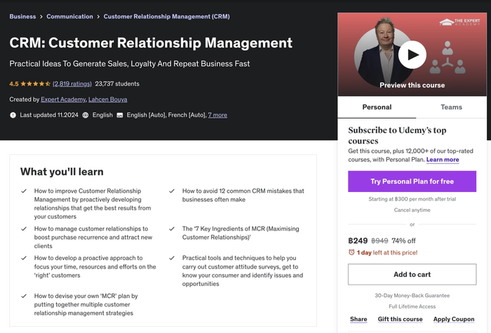 Udemy's course on customer relationship management.