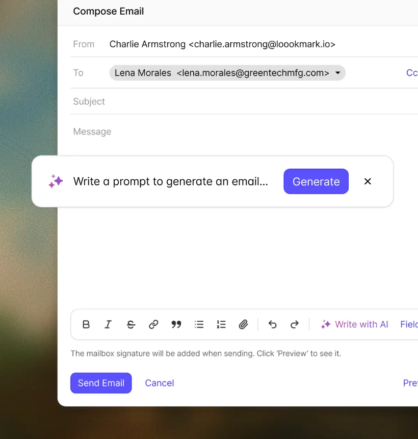 Email compose window with an AI prompt "Write a prompt to generate an email..." and a "Generate" button.