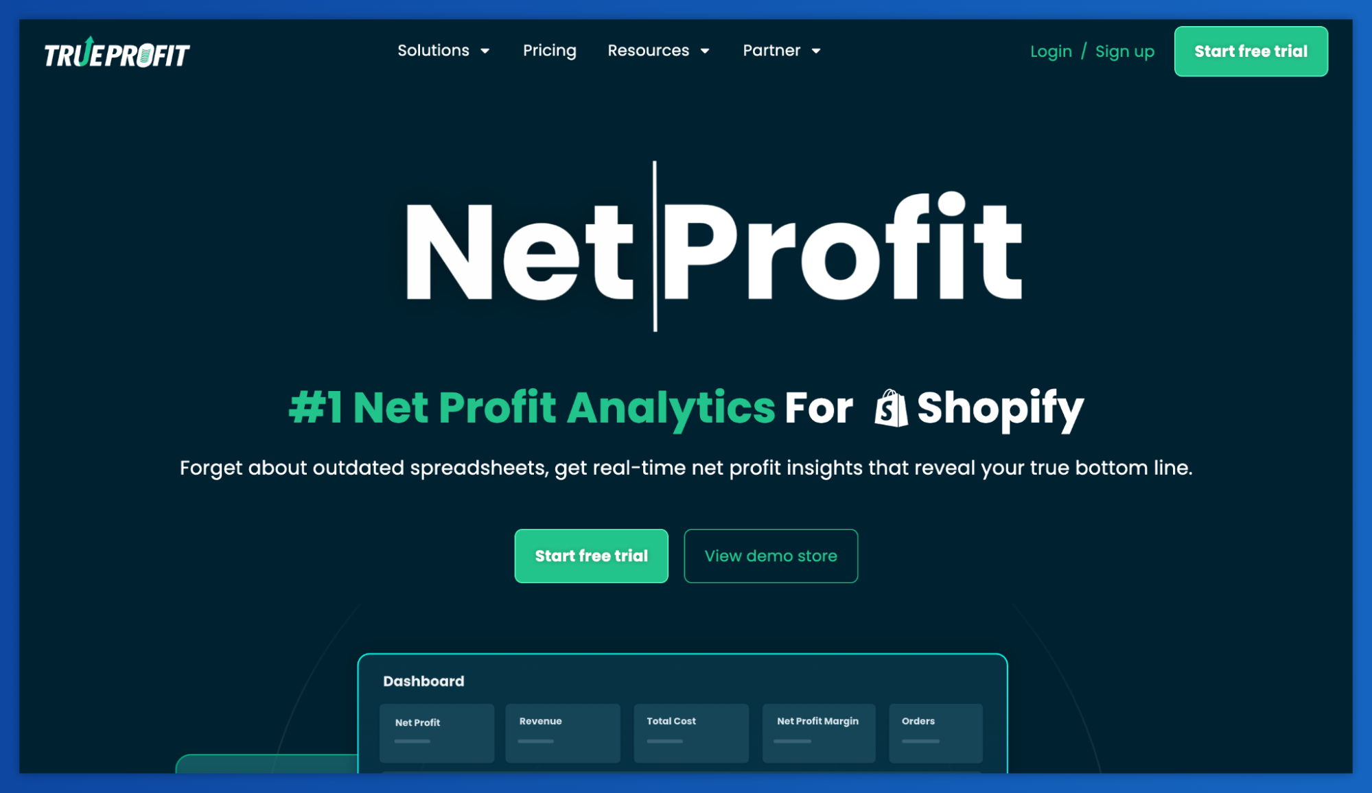 True Profit website homepage advertising "Net Profit Analytics For Shopify" with a "Start free trial" button.