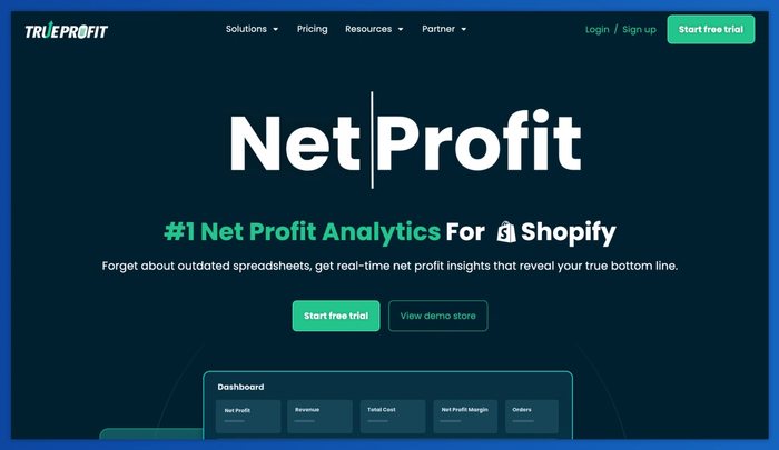 True Profit website homepage advertising "Net Profit Analytics For Shopify" with a "Start free trial" button.