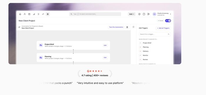 Software interface for project automation, showing trigger-based actions and a 4.7-star customer rating.
