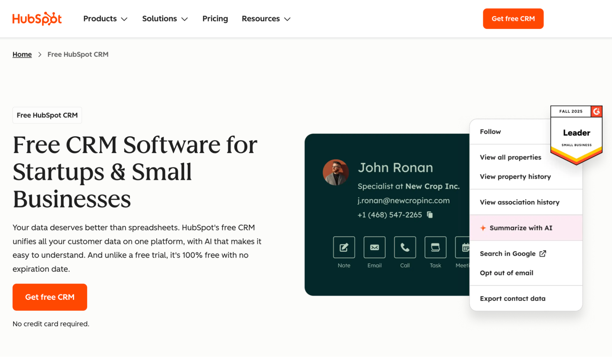 HubSpot webpage for free CRM software showing a contact card with a dropdown menu highlighting "Summarize with AI" and a "Small Business Leader" badge.