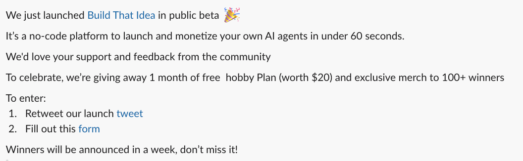 Announcement of Build That Idea’s public beta launch with a giveaway offering free plans and merch for users who retweet and fill out a form.