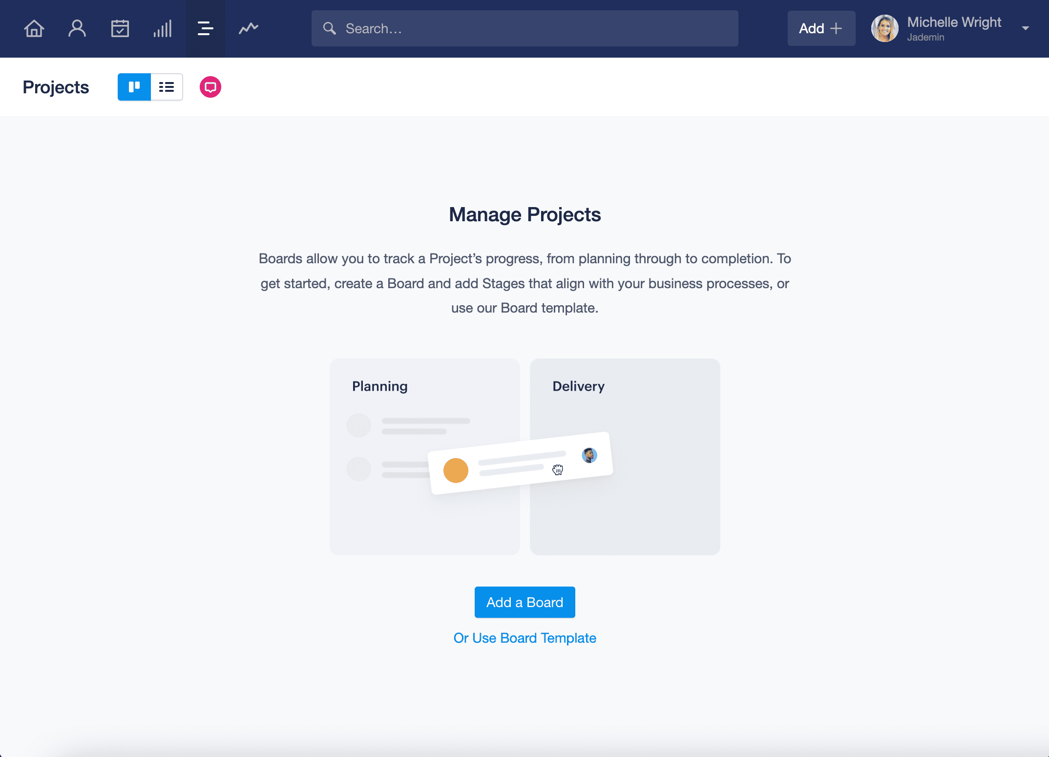 Tablero de proyecto en estado vacío mostrando al usuario la opción de crear un tablero personalizado o usar la plantilla de tablero